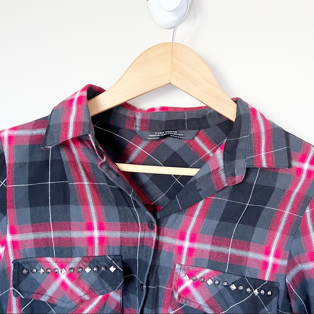Zara Woman Premium Tartan Plaid Studded Pocket Fray Hem Shirt Dress Red Black XS - Picture 5 of 13